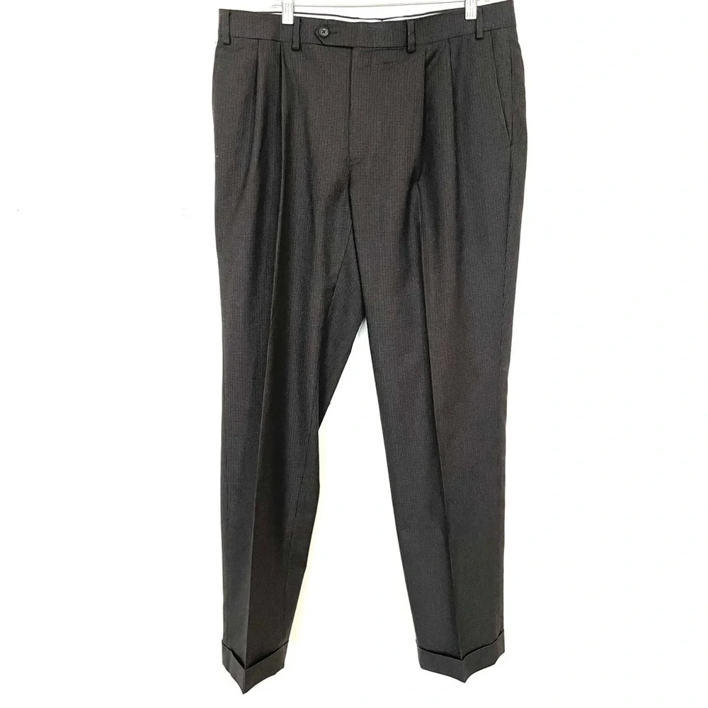 Ralph Lauren Comfort Flex Pleated Black Mini Check Dress Pants Cuffed Sz 36 x 32